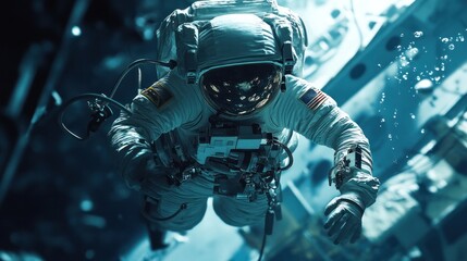 Astronaut training underwater to simulate zero-gravity, performing complex maneuvers and repairs, emphasis on precision and skill, futuristic setting