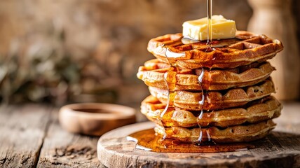 Delicious stack of golden waffles drizzled with syrup and topped with butter, perfect for a hearty breakfast or brunch.