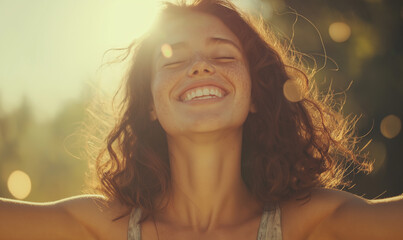 Smiling Young Woman Relaxing in the Sun with Eyes Closed
