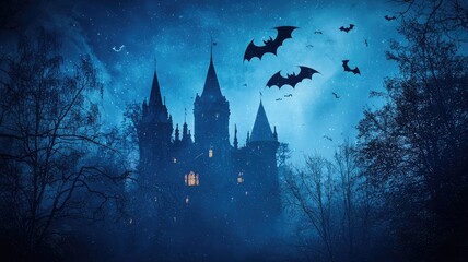 Eerie castle silhouette under a moonlit sky, with flying bats and dark trees, creating a spooky atmosphere perfect for Halloween.