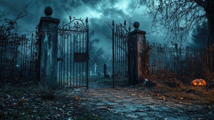 Eerie cemetery gates stand open under a stormy sky, surrounded by a haunting atmosphere and scattered leaves.