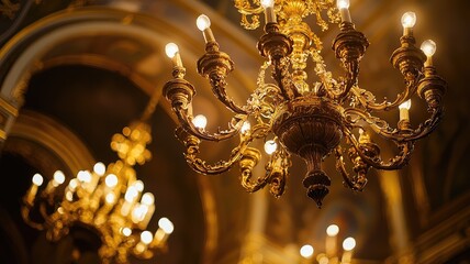 Elegant chandelier with warm light illuminating a luxurious interior, creating a captivating atmosphere in a grand setting.