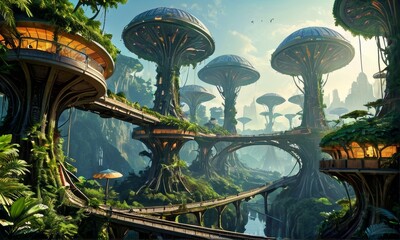 Futuristic Tree Cityscape with Skywalks
