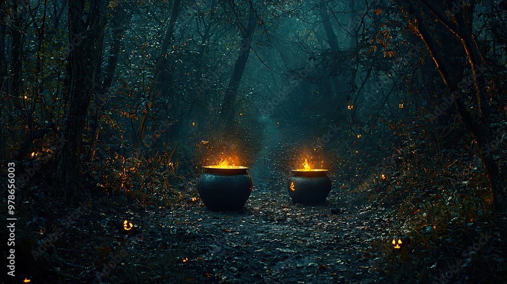 Poster enchanted forest scene with glowing cauldrons, surrounded by mysterious woods and flickering lights,