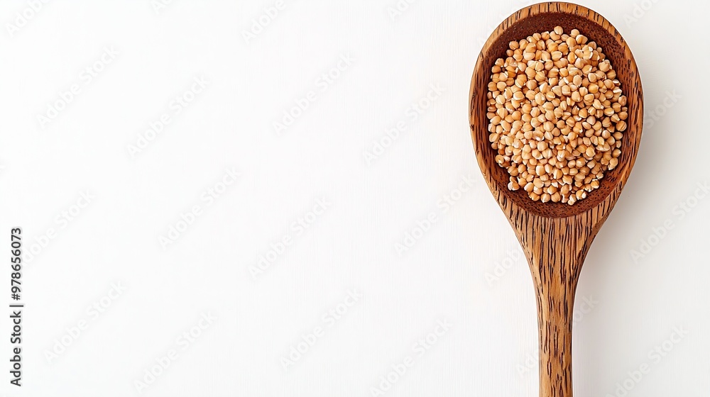 Poster buckwheat cereal on a wooden spoon isolated on white background : generative ai