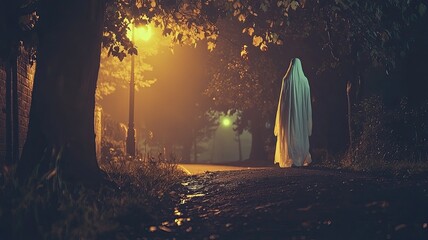 Fototapeta premium Enigmatic figure in ghostly attire walking through a foggy park illuminated by streetlights, creating an eerie and haunting atmosphere.