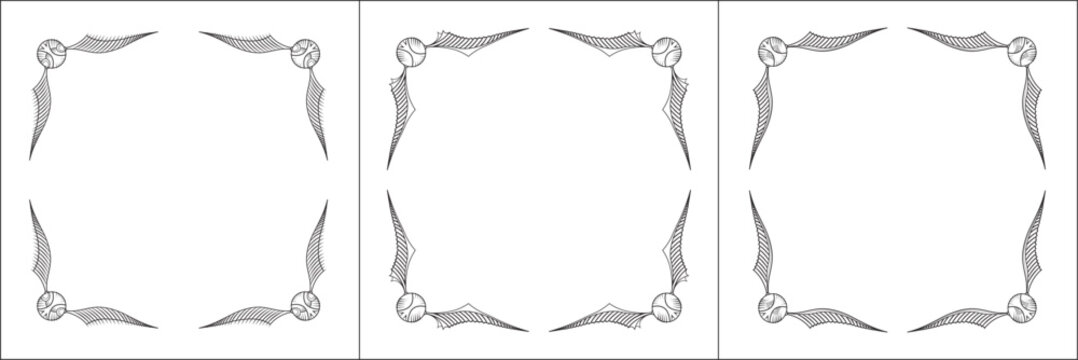 Set of elegant black and white monochrome snitch stylized ornamental corners. Snitch corners. Vector frame for all sizes and formats. Isolated vector illustration.