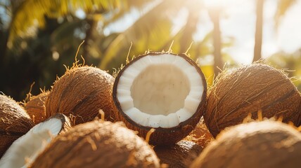 Fresh coconuts arranged beautifully with sunlight shining, showcasing the natural beauty and tropical feel of nature.
