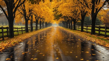 Obraz premium A road with autumn trees covered by fallen orange autumn foliage