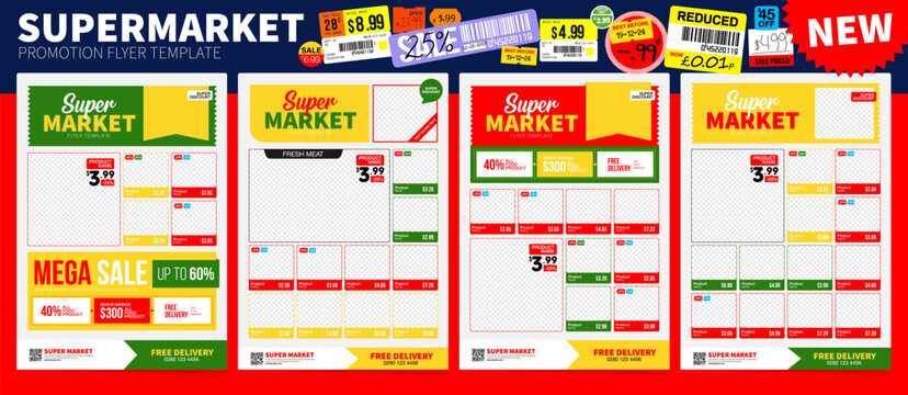 Set of Supermarket product promotion flyer template. Shop poster design. Grocery Ads. Supermarket flyer with discounts. Vector illustration