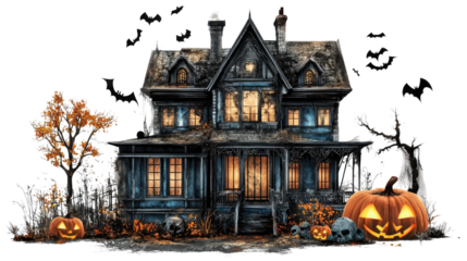 A Halloween scene featuring a pumpkin in front of an old European-style house with a medieval tower and night sky