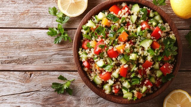 Fresh tabbouleh salad with vibrant vegetables and herbs served in a wooden bowl, perfect for healthy meals and summer gatherings.