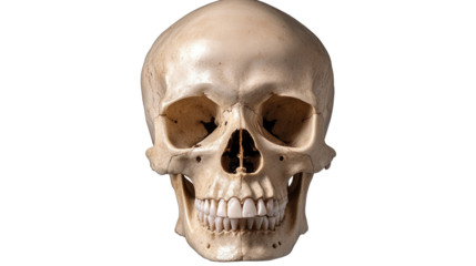 A human skull isolated on a white background, showcasing details of the skeleton and anatomy