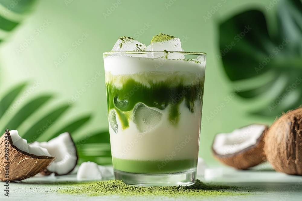 Wall mural Iced Coconut Matcha Latte in a Clear Glass