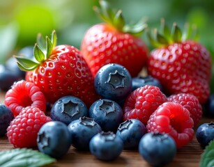 Obraz premium Vibrant Summer Berries: A Medley of Strawberries, Blueberries, and Raspberries