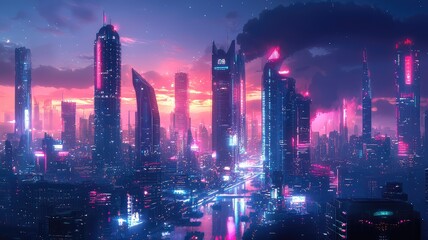 Obraz premium Futuristic city skyline at dusk, glowing with neon lights and reflections on water, evoking a vibrant urban atmosphere.