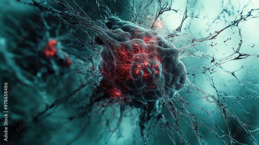 Poster abstract representation of a cell, showcasing intricate textures and vibrant colors, perfect for sci