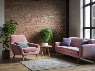 Pink Armchair and Sofa in a Modern Living Room with a Brick Wall