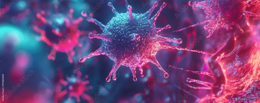 Poster vibrant representation of a virus cell in a colorful abstract environment, highlighting intricate de