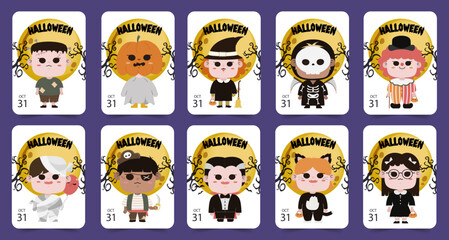 Cute Halloween Character Cards with Various Costumes and Designs for October 31 Celebration