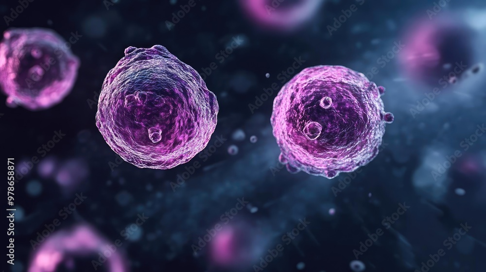 Poster close-up view of vibrant purple cells floating in a dark background, showcasing intricate cellular s