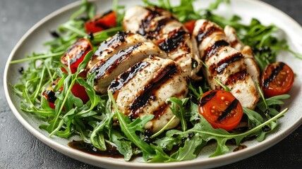 Grilled chicken served on a bed of fresh arugula and cherry tomatoes, drizzled with balsamic glaze, perfect for healthy meals.