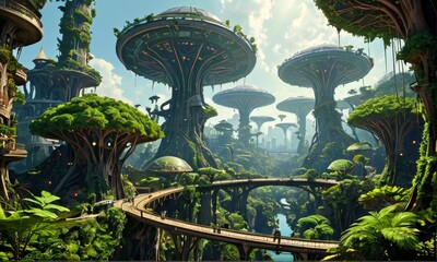 Futuristic Tree Cityscape with Skywalks