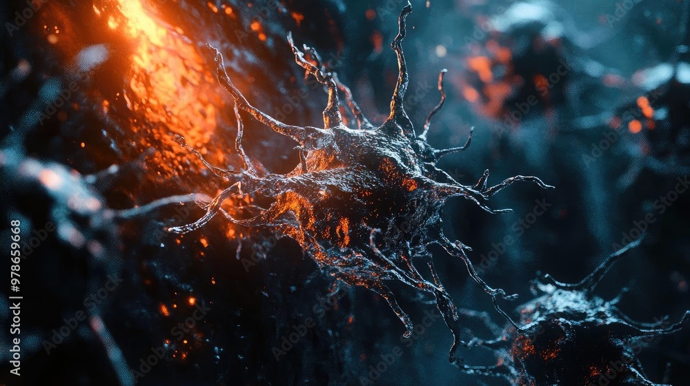 Poster a stunning view of microscopic cells illuminated by vibrant colors, showcasing intricate structures 