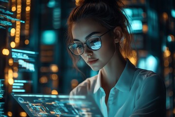 A woman with glasses looks intently at a futuristic tablet screen with glowing code.