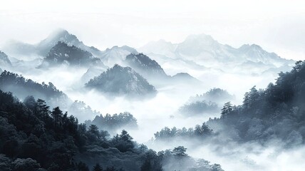 Fototapeta premium Majestic mountain landscape shrouded in mist, showcasing serene natural beauty and peaceful ambiance.