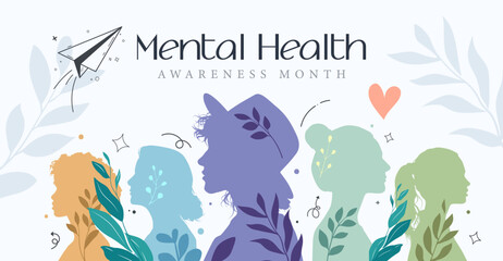 Naklejka premium Mental Health Awareness Month. in May. Take care of your body, take care of your health and mind. Increase awareness of mental health. Control and protection. Prevention campaign