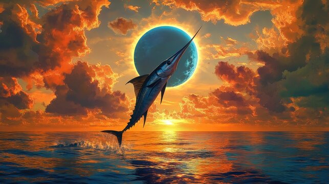 A majestic marlin leaps from the ocean during a surreal sunset with a large blue planet in the sky.