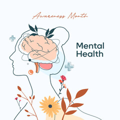 Mental Health Awareness Month. in May. Take care of your body, take care of your health and mind. Increase awareness of mental health. Control and protection. Prevention campaign