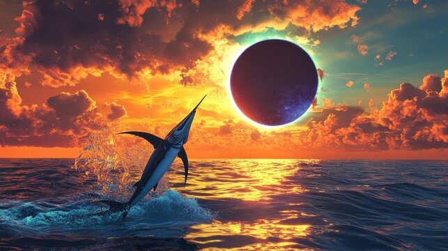 A majestic marlin leaps from the ocean waves during a dramatic solar eclipse at sunset.