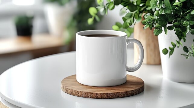 Minimalistic white blank mug with a wooden coaster on a white table, front-facing mock-up for product branding and design presentation, ideal for showcasing logos, text, or custom artwork.