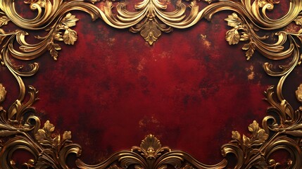 A classic 2D background with antique scrollwork design in gold and deep red, hyper real, high quality, sharp images