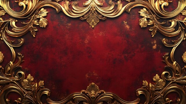A classic 2D background with antique scrollwork design in gold and deep red, hyper real, high quality, sharp images