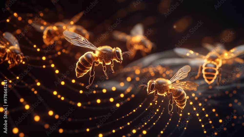 Poster a mesmerizing display of glowing bees in motion across a dark background. this image showcases the b