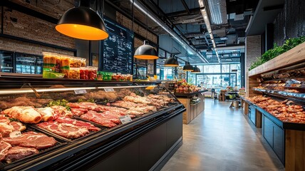 Modern grocery store interior with fresh meat display, welcoming atmosphere, and contemporary lighting for a vibrant shopping experience.