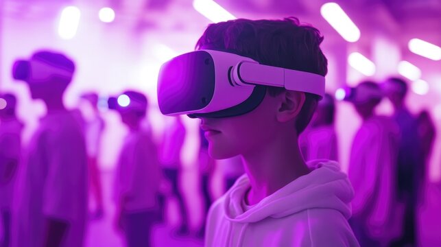 A group of people wearing VR headsets in a room with purple lighting.
