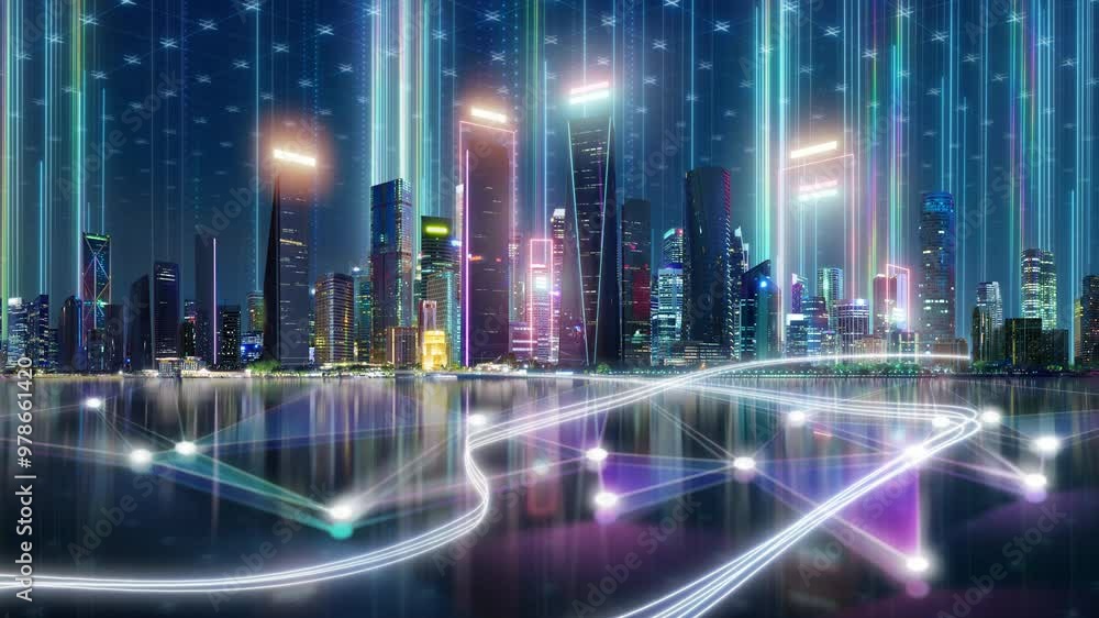 Poster smart city and abstract polygon pattern connection with speed line light, big data connection techno
