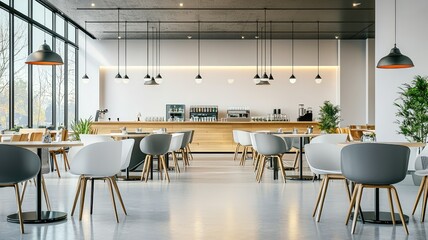 Modern restaurant interior featuring stylish furniture, natural light, and a minimalist design for a welcoming atmosphere.