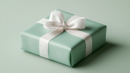 A small birthday gift wrapped in soft pink green paper, tied with a delicate white ribbon, placed on a light gray background. Simple and elegant design, realistic style.