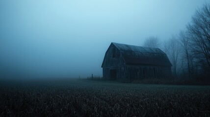Fototapeta premium Mysterious barn in foggy landscape, evoking a sense of tranquility and solitude amidst nature's quiet embrace.