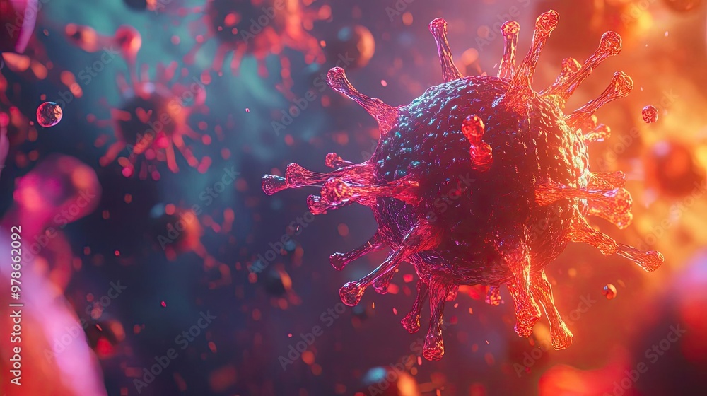Poster a vibrant representation of a virus cell, showcasing intricate details and dynamic colors, illustrat