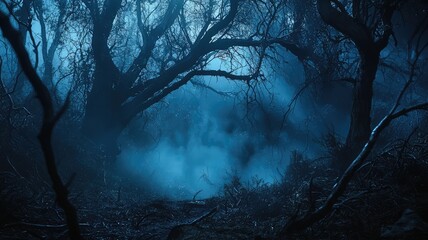 Mysterious forest shrouded in fog, featuring dark branches and an eerie blue atmosphere, perfect for spooky themes.