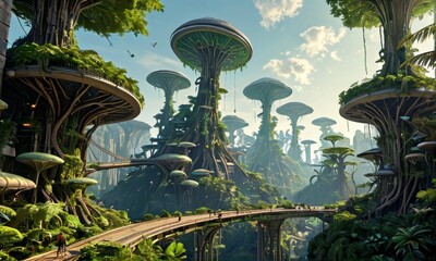 Futuristic Tree Cityscape with Skywalks