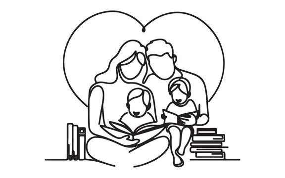 recommend clip art: continuous one black line art hand drawing of Family Reading a Book linear illustration vector on white