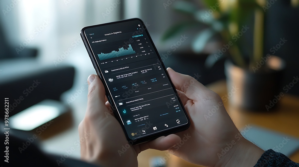 Poster person holding smartphone with financial data and graphs