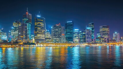 Obraz premium Night view of a vibrant city skyline reflecting on water, showcasing modern architecture and colorful lights over the urban landscape.